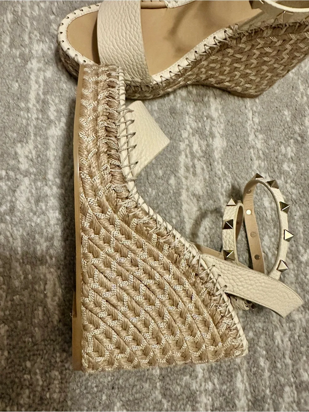 Valentino Ivory Leather Rockstud Ankle-Strap Wedge Sandals